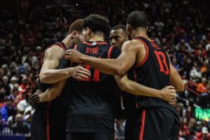 San Diego State Mens basketball team huddles during their quarterfinals game against UNLV on March 14. at Thomas & Mack Center 
