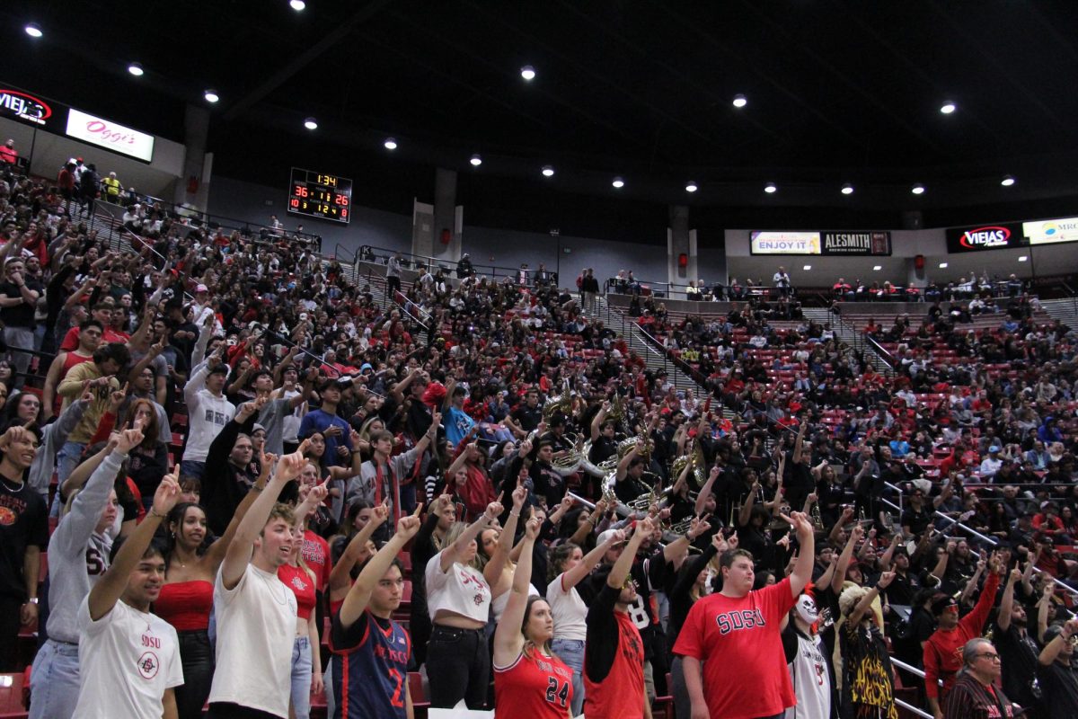 Fans+pack+Viejas+Arena+with+their+fingers+up+in+hopes+of+a+made+free+throw+earlier+in+the+Mens+Basketball+season+vs.+Point+Loma+on+Monday%2C+Nov.+23%2C+2023.+%0A