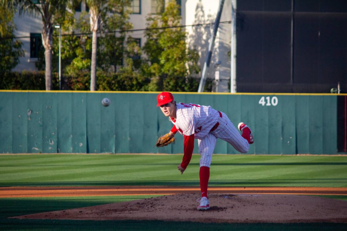 San Diego State left handed pitcher Chris Canada throws a pitch off the mound against the New Mexico Lobos at Tony Gwynn Stadium. Canada allowed 3 earned runs and 2 hits in the 5-2 loss to begin the series against the Lobos on March. 28. 