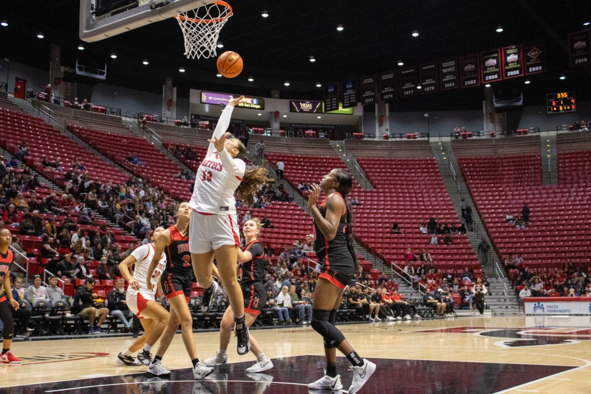 San Diego State forward Meghan Fiso attacks the basket earlier this season at Viejas Arena. The senior guard matched her career high with 15 points in the Aztecs opening round win over San José State at the 2024 Mountain West Championships.