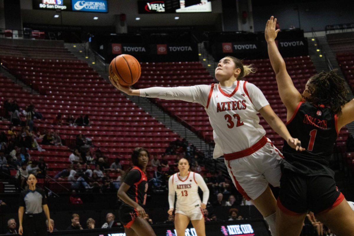 San Diego State forward Adryana Quezada lays up the ball over an UN:V defender earlier this season at Viejas Arena. Quezada led the team in scoring with 14 points in the blowout loss to the Rebels 100-41 on Saturday, Mar. 2nd. 