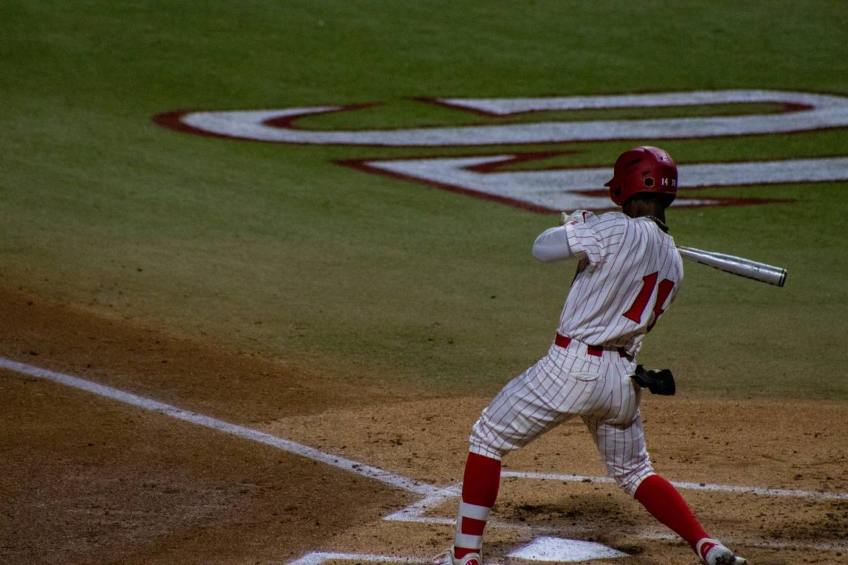 San Diego State outfielder Irvin Weems hits at bat on base, earlier this season at Tony Gwynn Stadium. Weems scored against the Bulldogs early off a RBI double to help the Aztecs defeat the bulldogs 7-1 on Sunday, Mar. 3rd. 