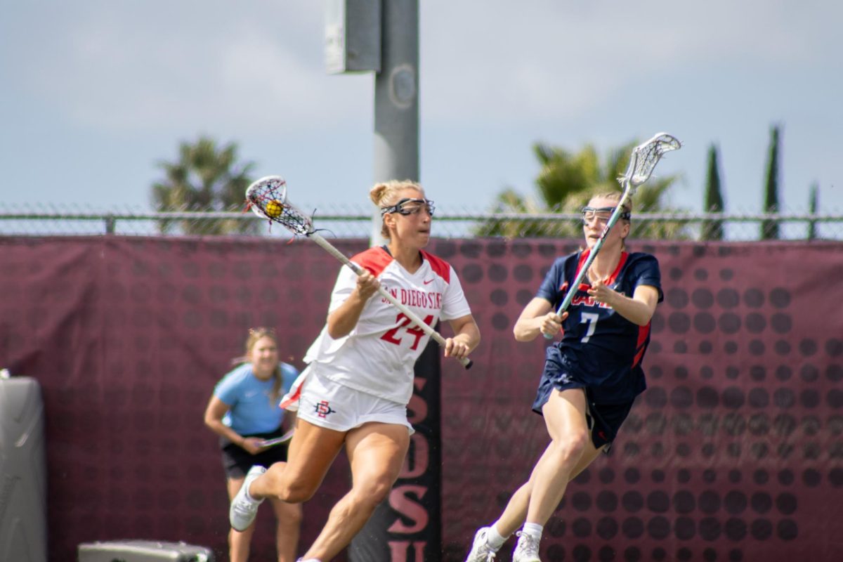 San+Diego+State+midfielder+Jenna+McDermott+gets+away+from+Liberty+midfielder+Olivia+Glaze.+McDermott+had+two+goals+during+the+Aztecs+loss+to+the+Flames+20-9+on+Monday%2C+Mar.+11.+