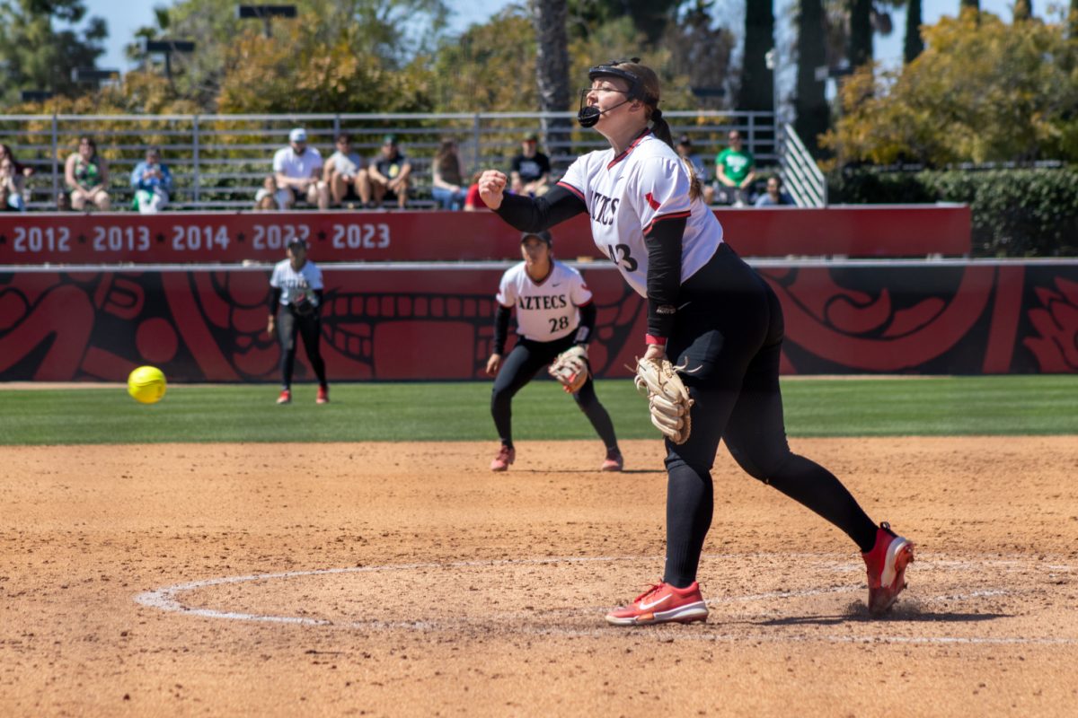 San Diego State pitcher Allie Light delivers the ball against Utah State on Sunday, March 17 at the SDSU Softball Stadium. Despite losing the game 1-0, the Aztecs won the weekend series 2-1.