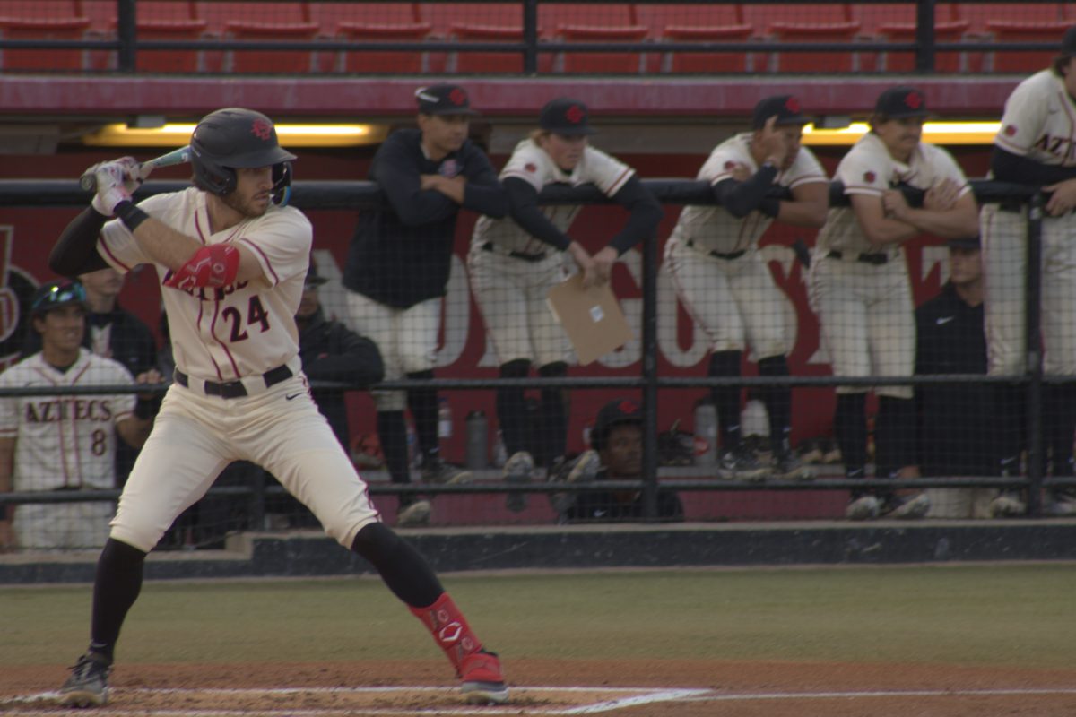 San Diego State infielder Brady Lavoie stands in the batters box during the Aztecs game against UC Riverside on Tuesday, March 12 at Tony Gwynn Stadium.