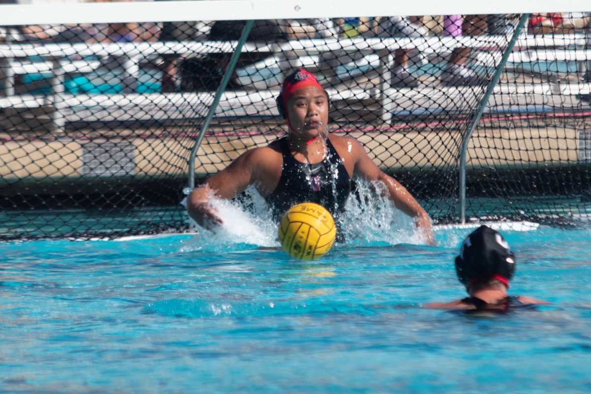 San Diego State goalkeeper Tiaare Ahovelo makes a save against No. 22 CSUN on Friday, March 8 at the Aztec Aquaplex. Ahovelo finished the weekend making 34 total saves in three games of action.