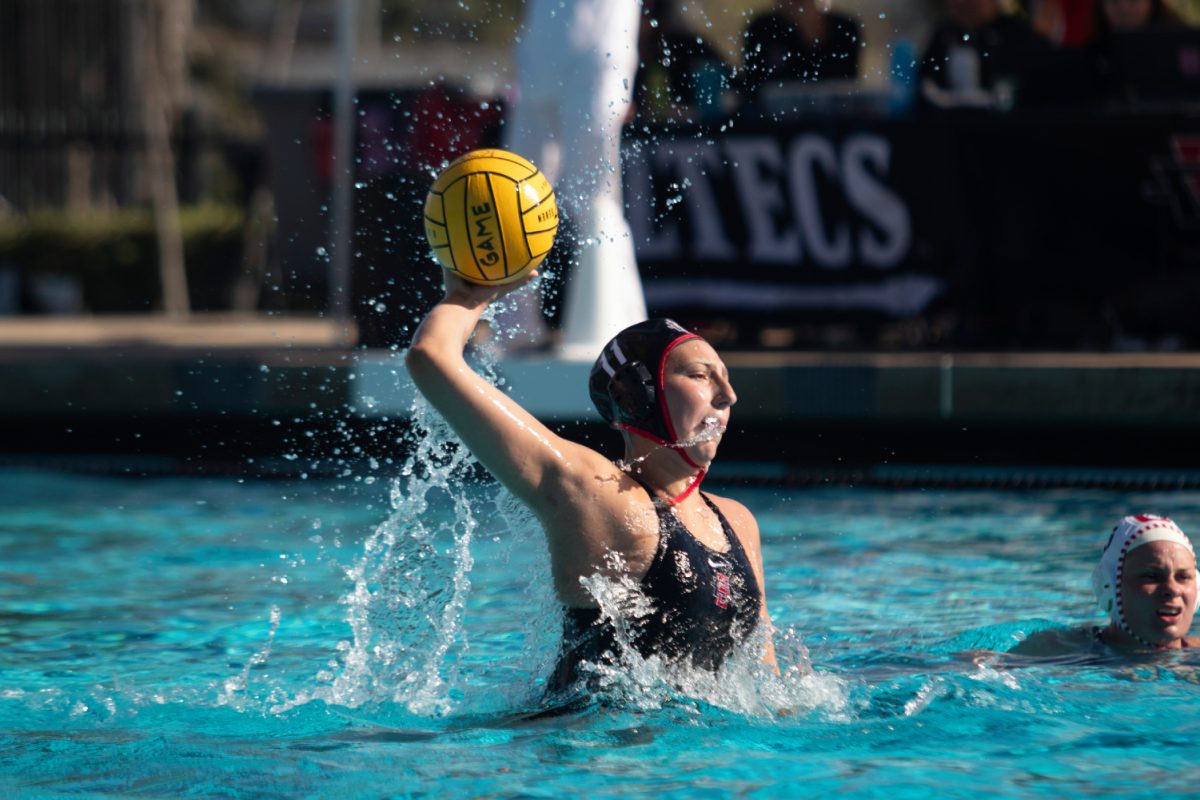 Claudia Valdes winds up before scoring a goal on Friday, March 8 at the Aztec Aquaplex.