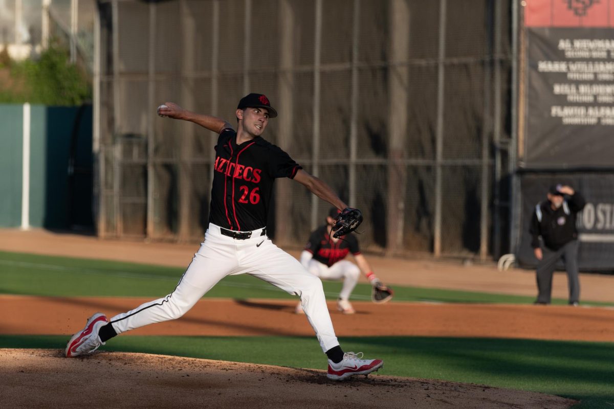 Right-handed pitcher Omar Serrano takes the starting pitches against the ranked UC
Irvine anteaters at Tony Gwynn stadium. The Aztecs fell 11-2 to University of San Diego