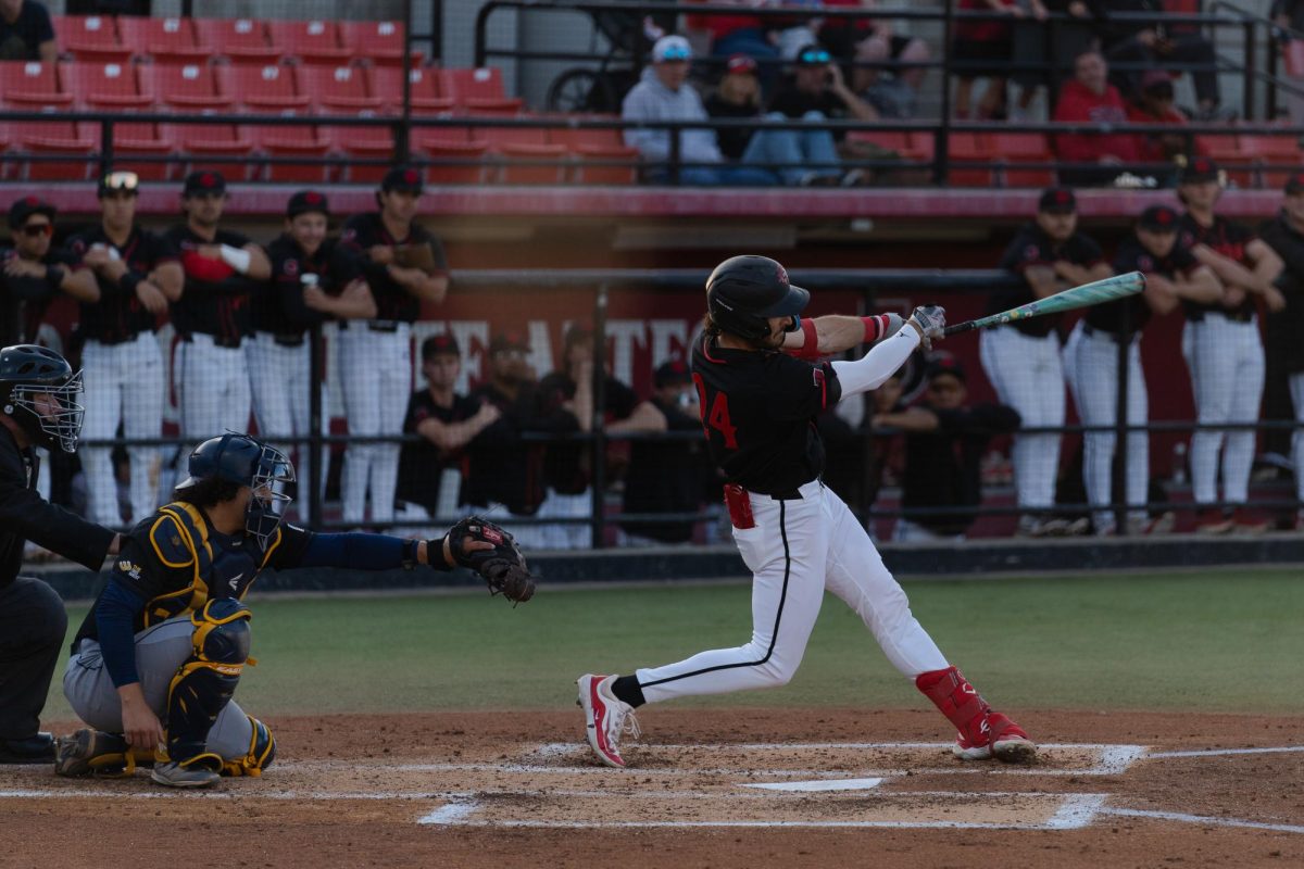 Infielder+Brady+Lavoie+takes+a+big+swing+for+an+early+homerun+against+UC+Irvine+to+give+the+lead+back+to+the+Aztecs+on+Saturday%2C+April+20+at+Tony+Gwynn+Stadium.+The+Aztecs+fell+to+UC+Irvine+7-6%2C+as+SDSU+couldnt+hold+onto+an+early+lead.