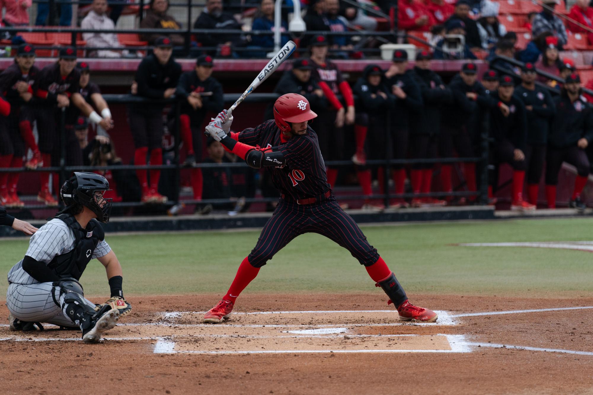 Infielder Tino Bethancourt goes at bat in the series opener against the UNLV Rebels earlier this season at Tony Gwynn Stadium. The Aztecs fell to Long Beach State 12-5 on Tuesday, April 16. 