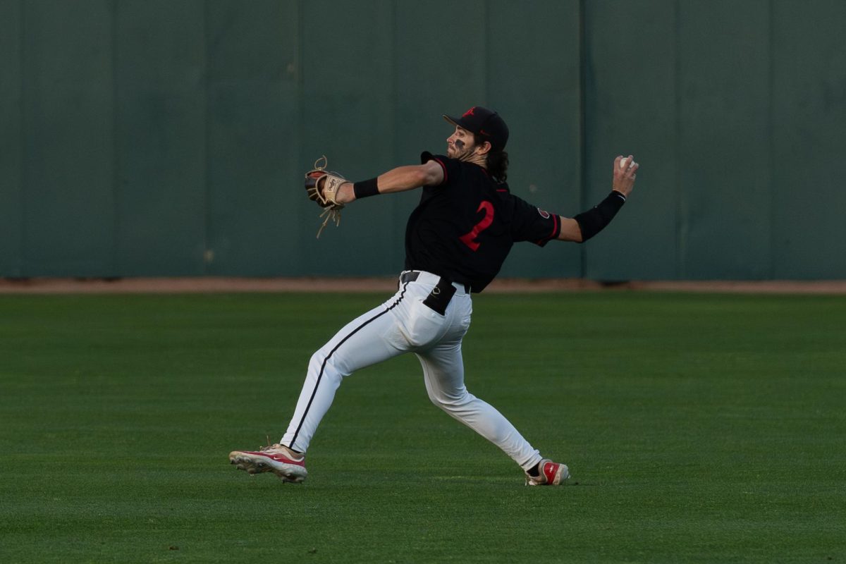 Outfielder Shaun Montoya launches the ball across the outfield earlier this season at Tony Gwynn Stadium.The Aztecs fell 8-4 to the New Mexico Lobos on Friday, April 26. 