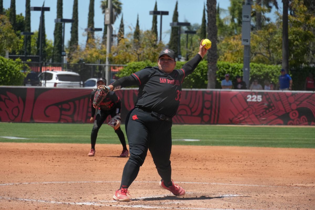 Utility Dee Dee Hernandez winds up to throw a pitch against Nevada at SDSU Softball Stadium. Hernandez allowed no runs in five pitched innings in a 4-2 win against the Wolfpack on  Sunday, April 28. 