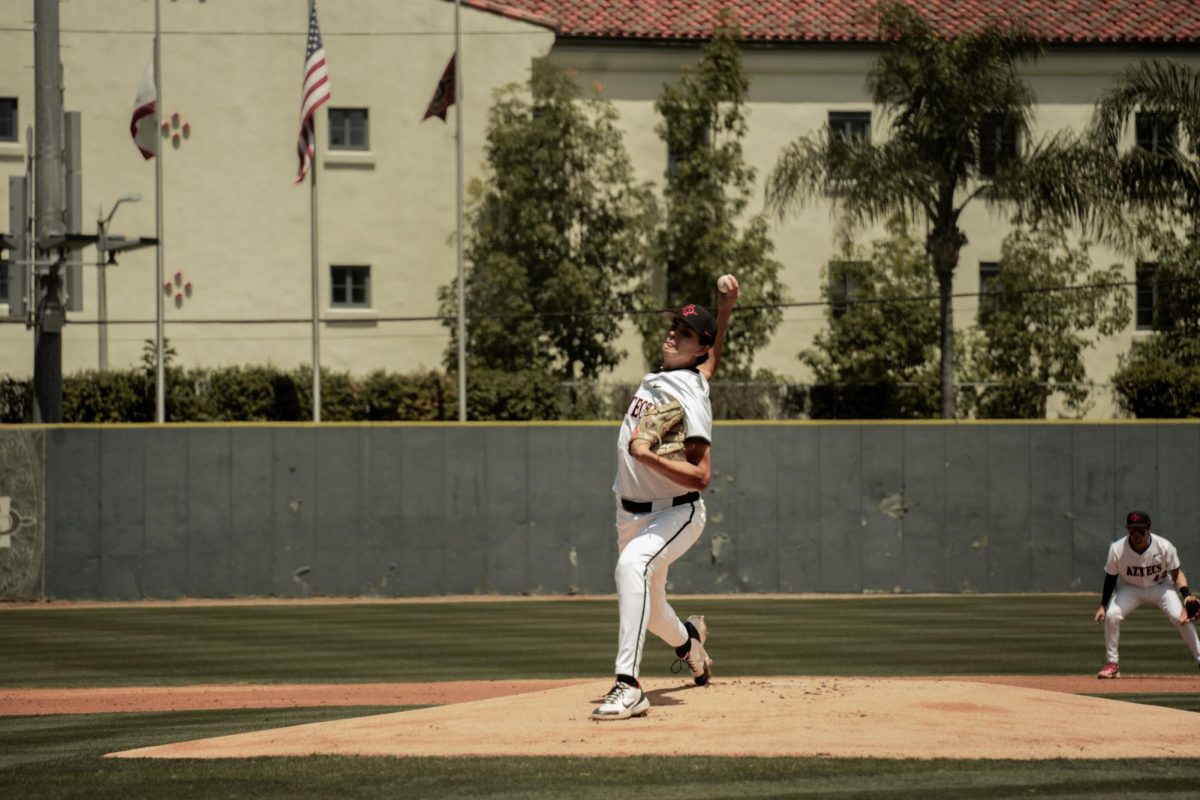 Right handed pitcher Jadon Bercovich gets into a swing pitch at the mound against UNLV at Tony Gwynn Stadium. The Aztecs dropped their series against the Rebels after falling 14-5 on Sunday, April 14. 