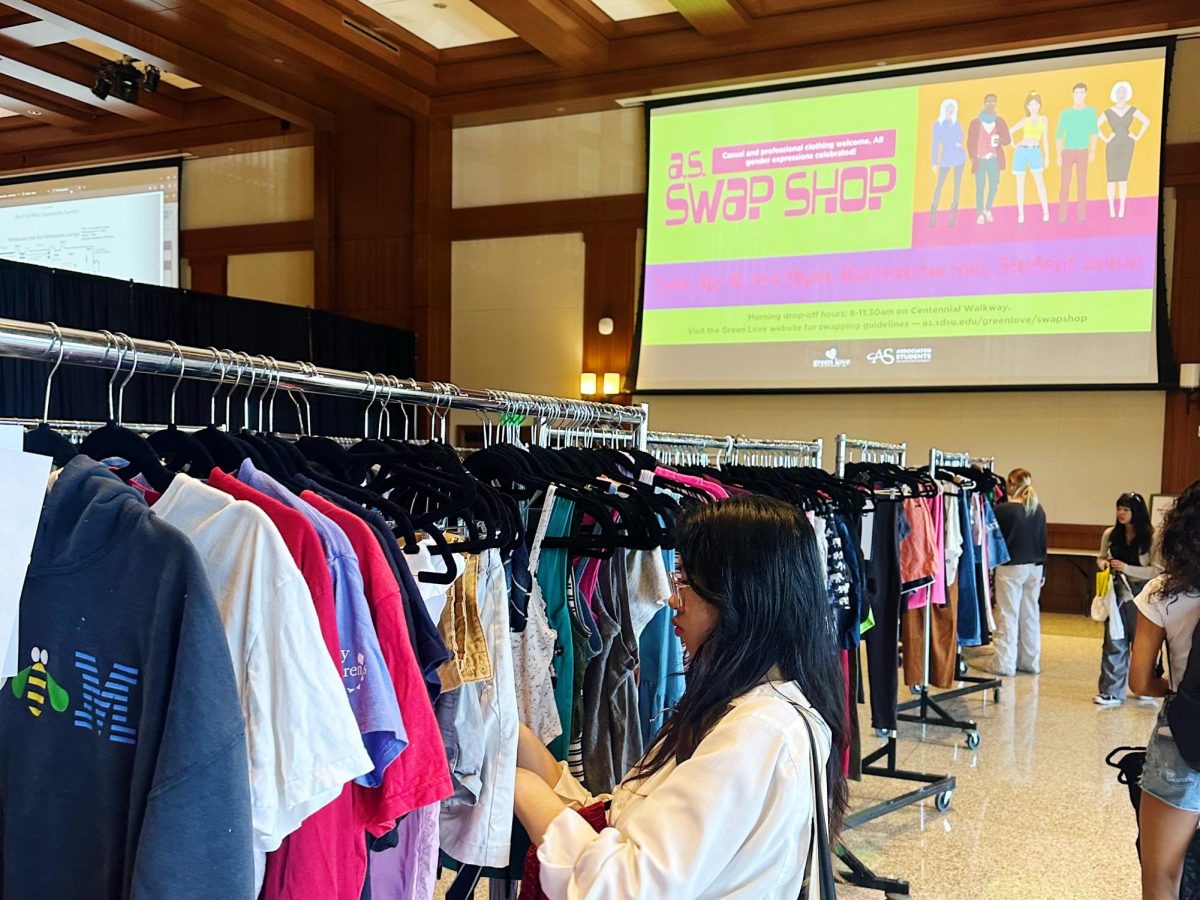 A student browses the racks of clothing at Associated Students Swap Shop event