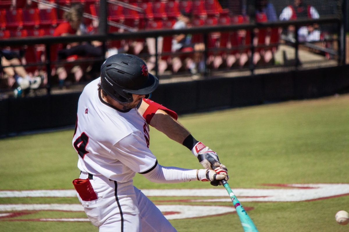 San Diego State infielder Brady Lavoie swings at a pitch earlier this season at Tony Gwynn Stadium. Lavoie had the first two-home run game of his collegiate career at UCSD on Wednesday, April 10.
