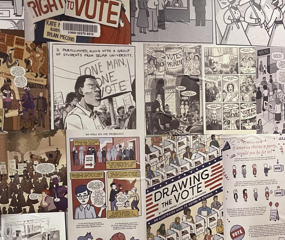 The ‘Rising Up: Social Protest in Comics’ exhibit features dynamic wallpaper with comics