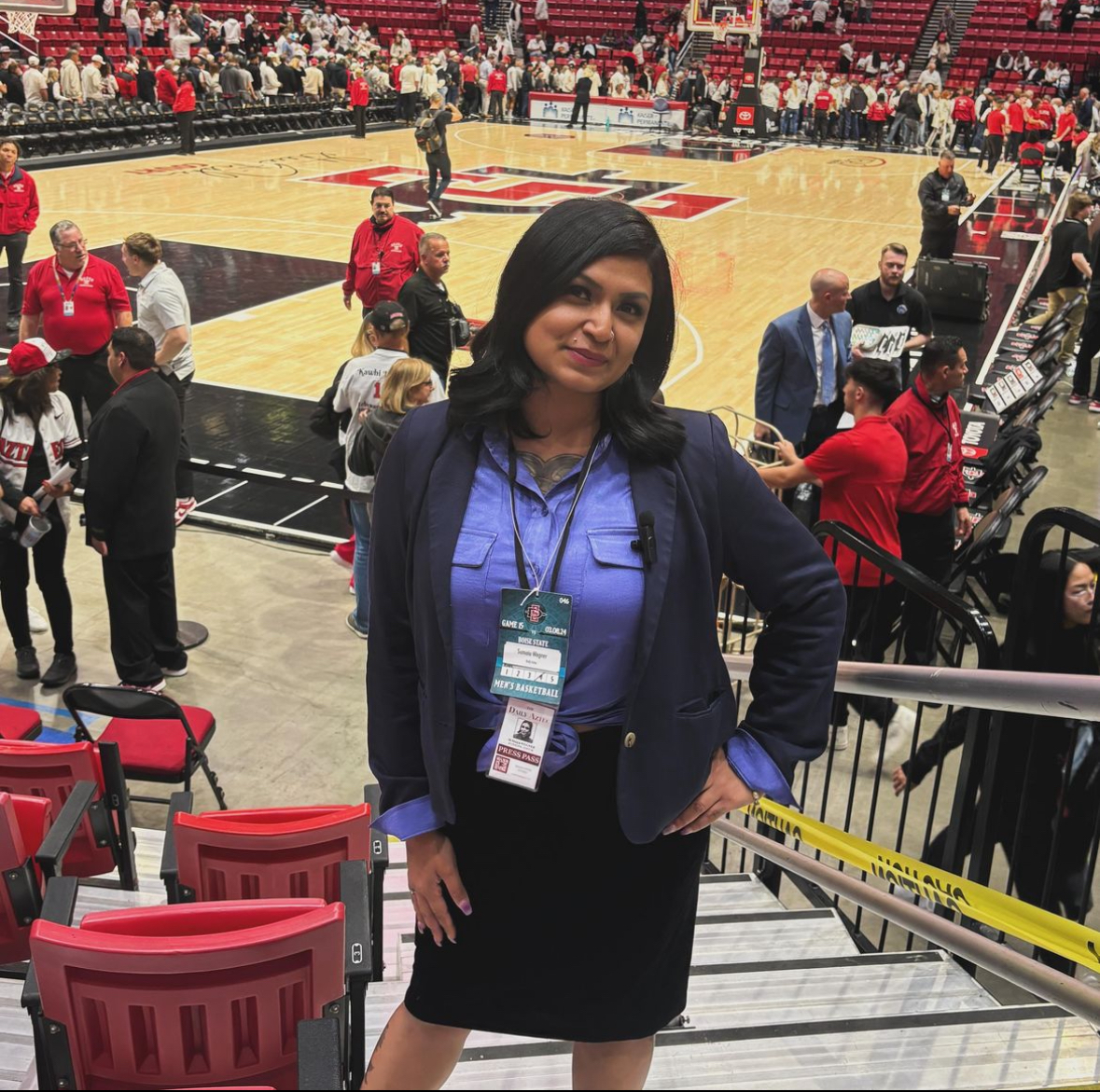 Sumaia Wegner poses for a photo at Viejas Arena after covering a game for the men’s basketball team. (Photo courtesy of Sumaia Wegner)
