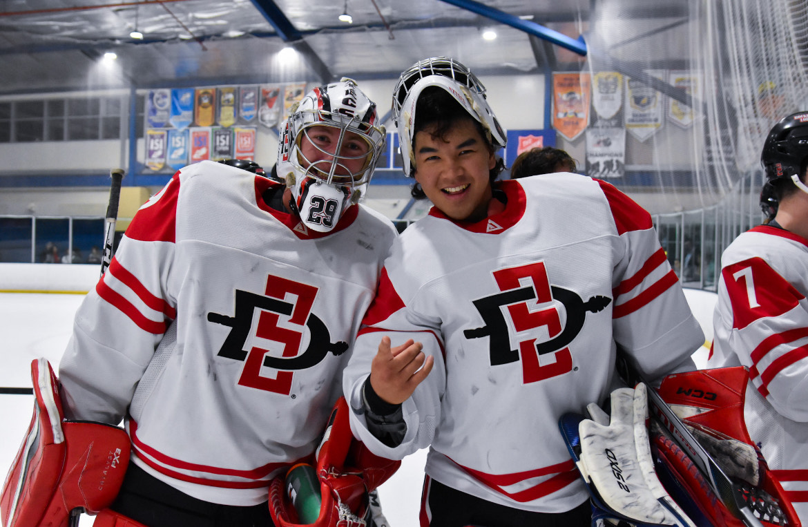Brody Hsiao (right) with teammate Garrett Fuller (left) on Nov. 10, 2023, as SDSU took on Colorado State University. Photo courtesy of Megan Ellis 