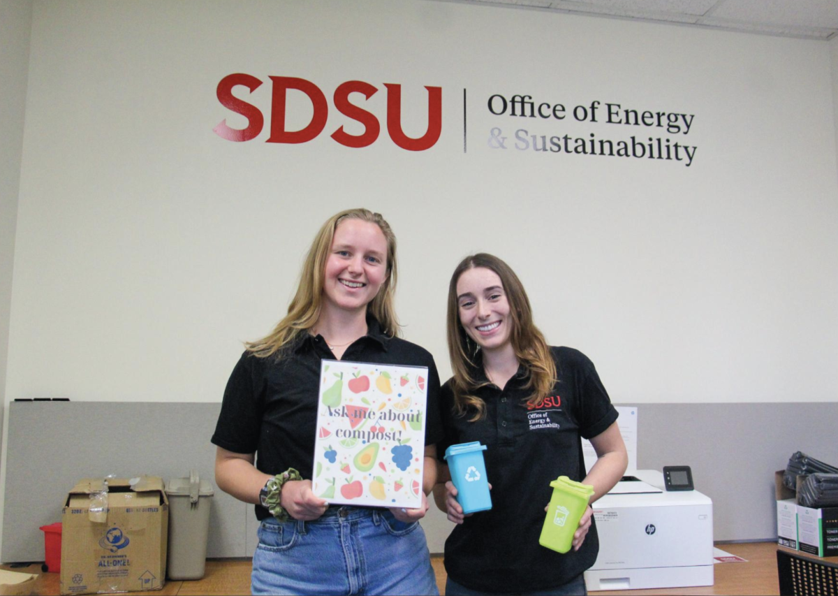 Office of Energy & Sustainability employees Annika Laughlin and Emily Herriott pose in their workplace on April 10, 2024