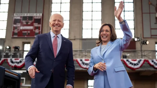 PHILADELPHIA, PENNSYLVANIA - MAY 29: U.S. President Joe Biden and U.S. Vice President Kamala Harris wave to members of the audience after speaking at a campaign rally at Girard College on May 29, 2024 in Philadelphia, Pennsylvania. (Photo by Andrew Harnik/Getty Images)