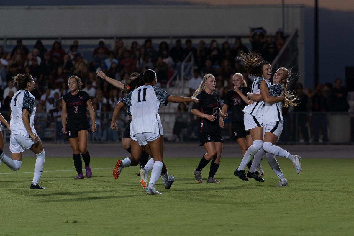 San Diego State forward Kali Trevithick celebrates as her penalty kick equalized the score in the first half against ranked opponent Stanford on Thursday, Aug. 22 at the SDSU Sports Deck. The Aztecs fell to the Cardinal 3-1 for the team's first season loss. 
