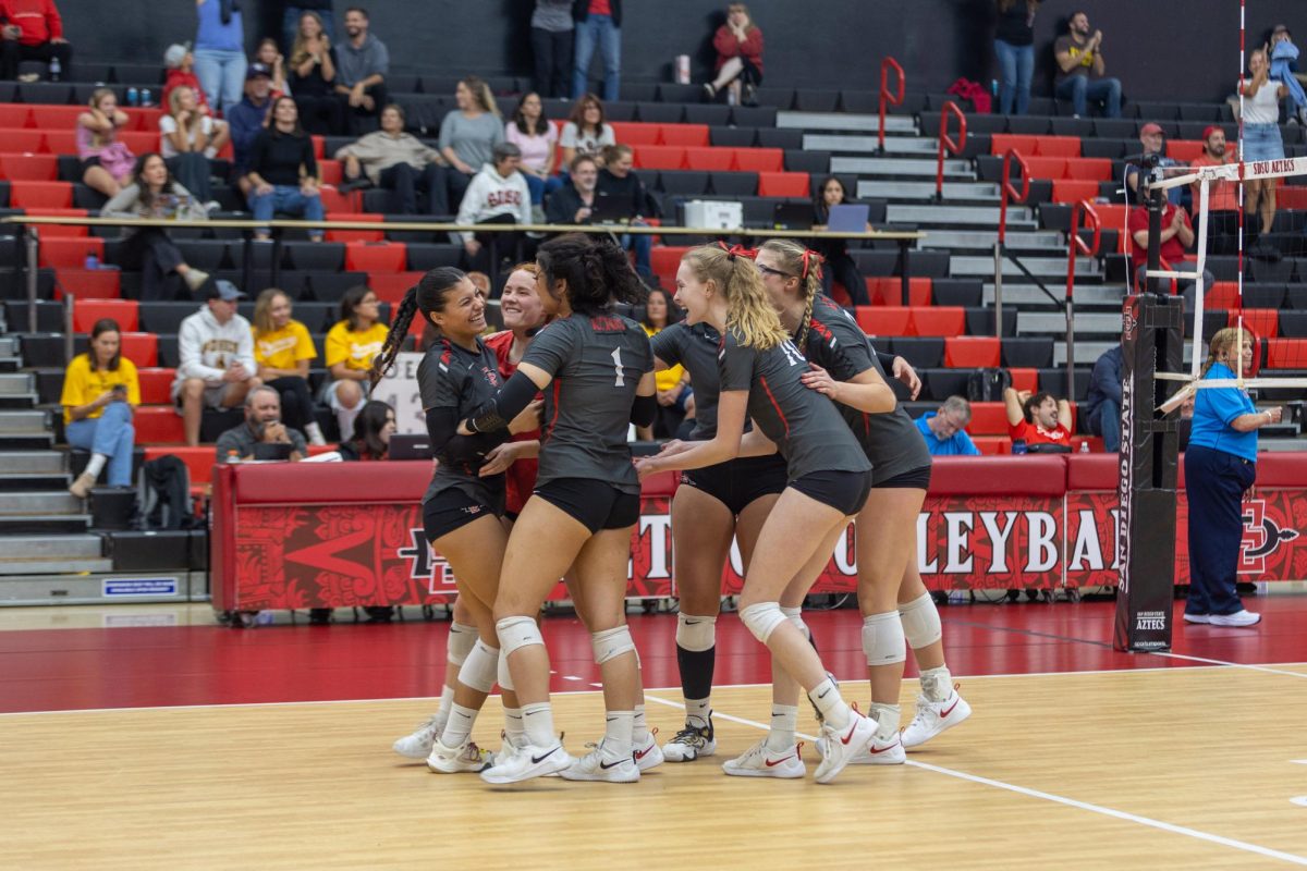 The San Diego State volleyball team celebrates a score against Wyoming last season at Aztec Court at Peterson Gym. 