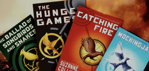 Displayed covers of different books in the Hunger Games series, written by Suzanne Collins. Photo courtesy of CBR.