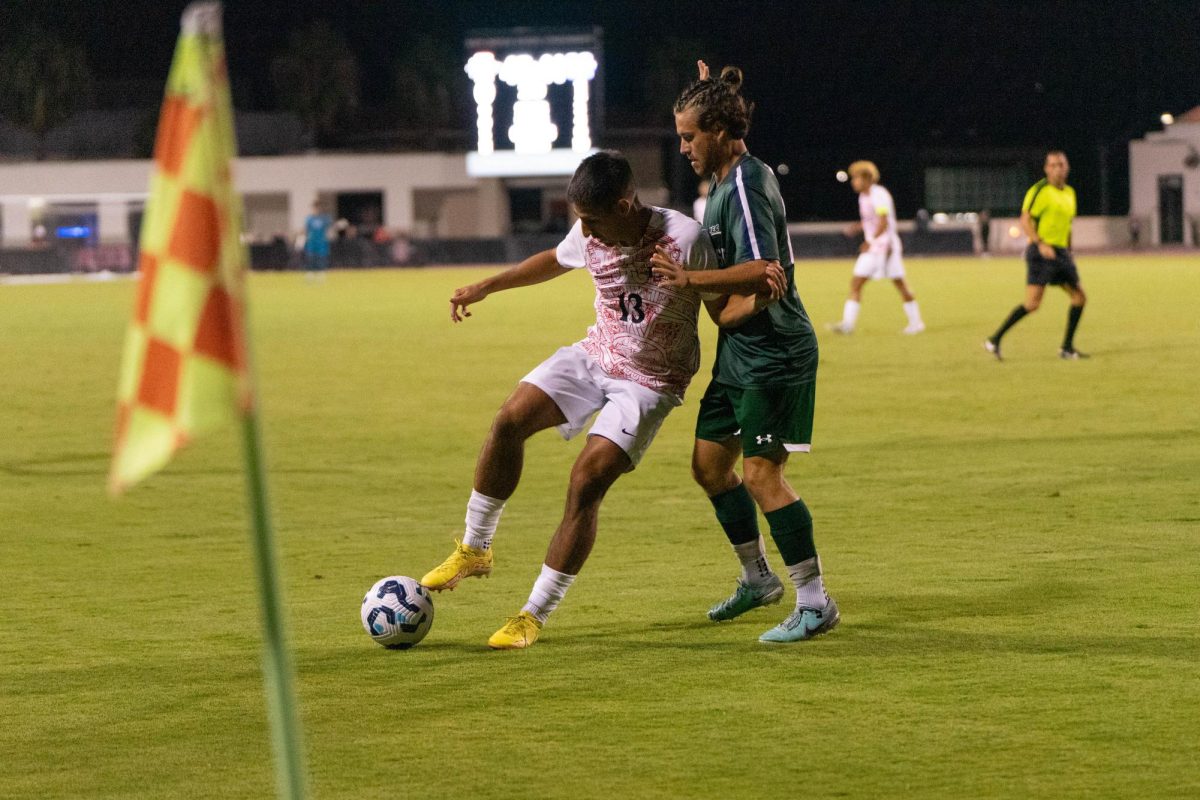 Daniel Pacella keeps the ball away from the Mercyhurst defender, waiting for an opportunity on Aug. 29, 2024 at the SDSU Sports Deck