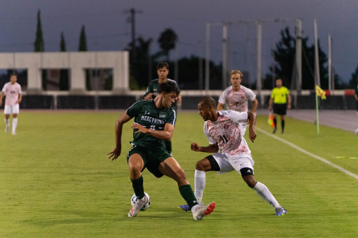 Terence Orkorguale makes a move on a defender against MercyHurst at SDSU Sports Deck on Thursday, Aug. 30.