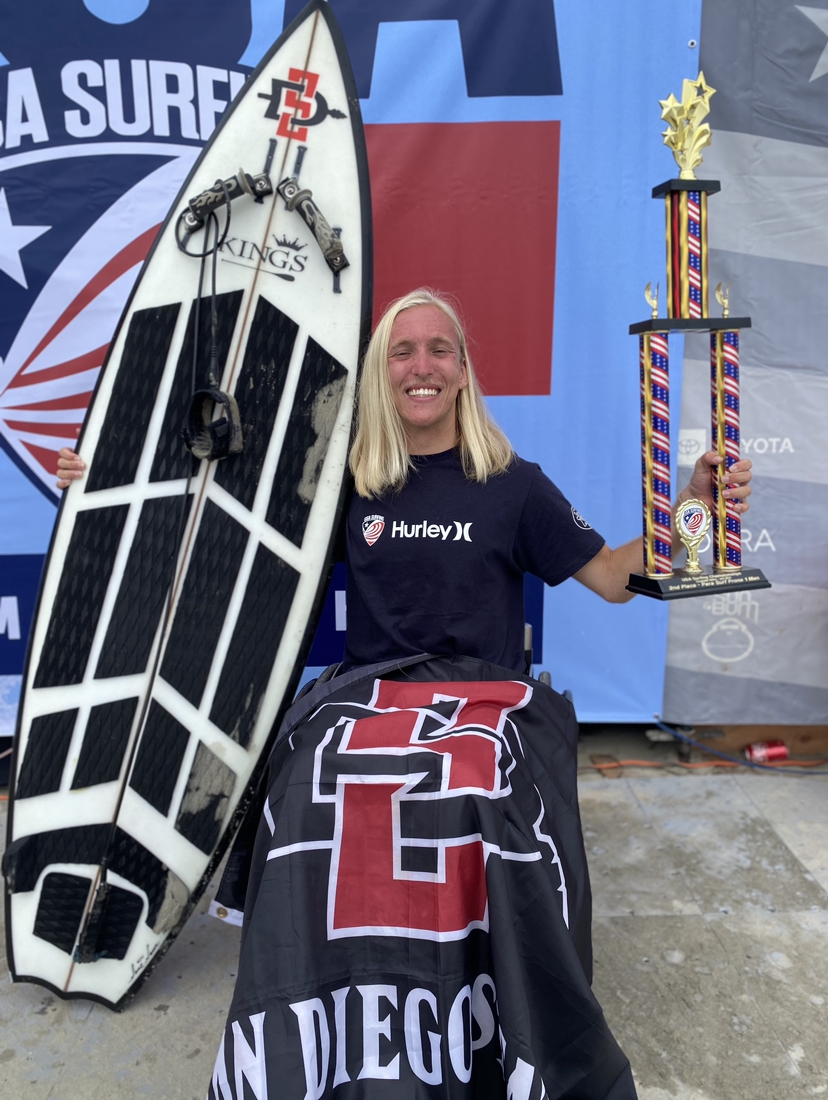 San Diego State Para Surfer Parker Olenick celebrates a 2nd place victory at the USA Surfing Championship earlier this year. Olenick represents SDSU as the first and only recruited Para Surfer for the Adapted Athletics program.