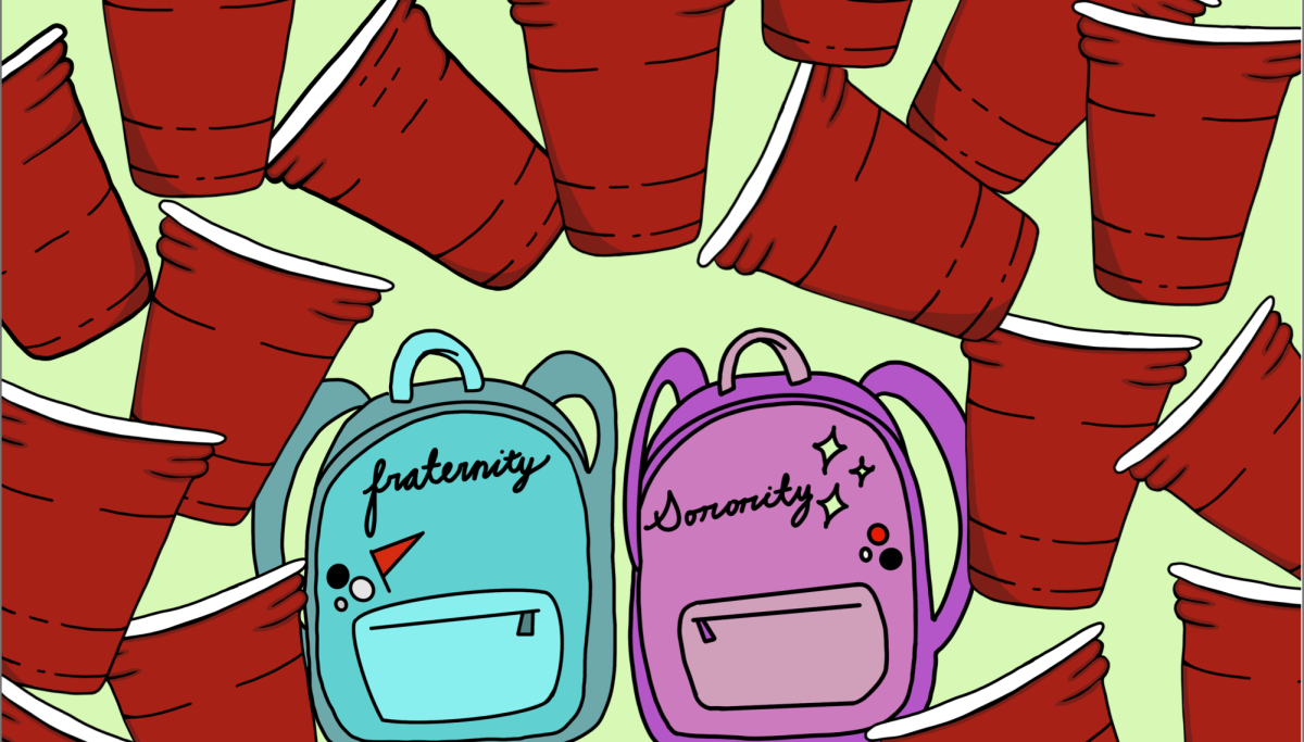 Cartoon of two backpacks labeled fraternity and sorority surrounded by solo cups. Graphic by Alex Martinez.