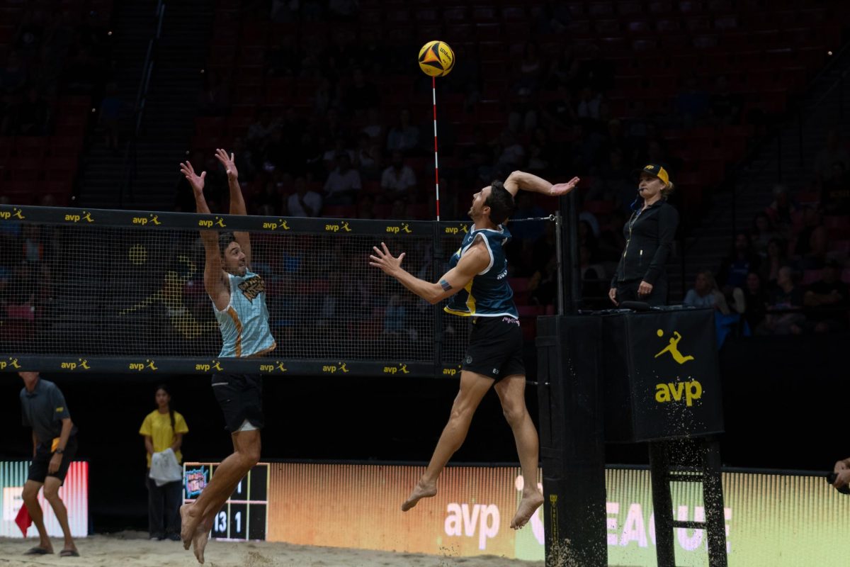 San Diego Smash’s Miles Evans spikes the ball past New York Nitros Taylor Sander to secure the point on Saturday, Sept. 28, 2024 at Viejas Arena