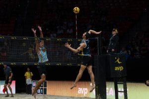 San Diego Smash’s Miles Evans spikes the ball past New York Nitros Taylor Sander to secure the point on Saturday, Sept. 28, 2024 at Viejas Arena