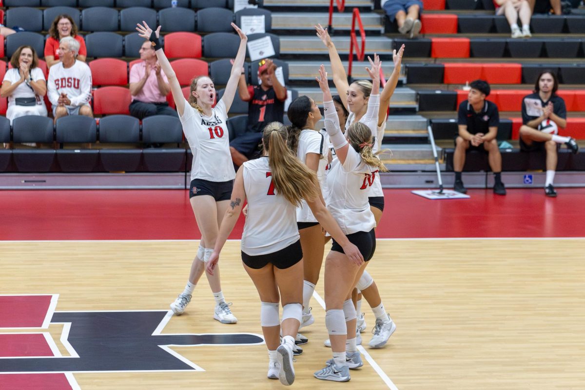 San Diego State players celebrate during their match at the Aztec Court inside Peterson's Gym on Friday, Sept. 6