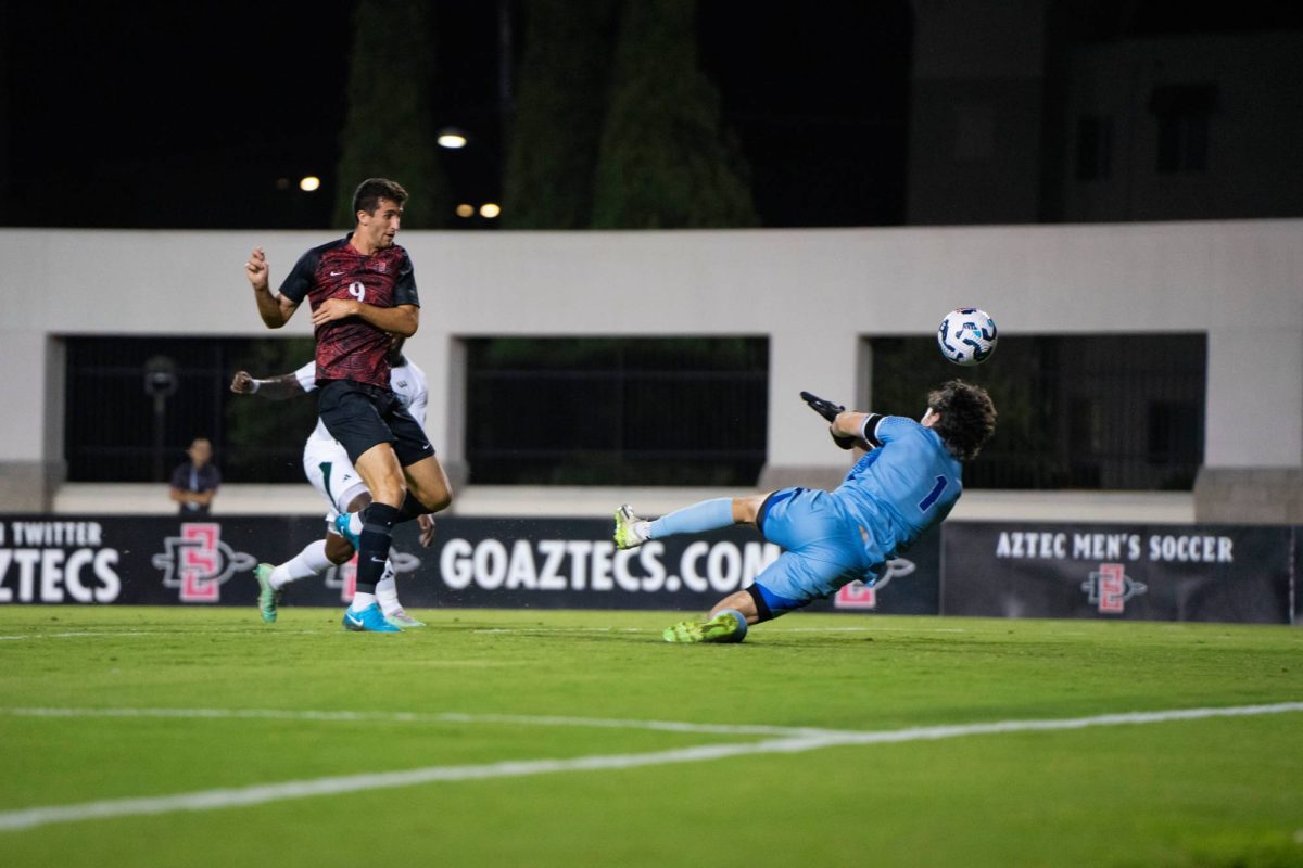 San Diego State forward Ferran Florencio Catalá scores his debut goal for the Aztecs, giving them the lead on Sept. 6, 2024 at the SDSU Sports Deck. 