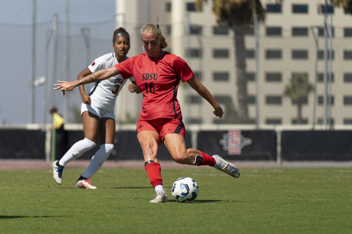 Defender Trinity Coker moments before booting the ball down the field against UNLV at the SDSU Sports Deck on Sept. 29, 2024. 