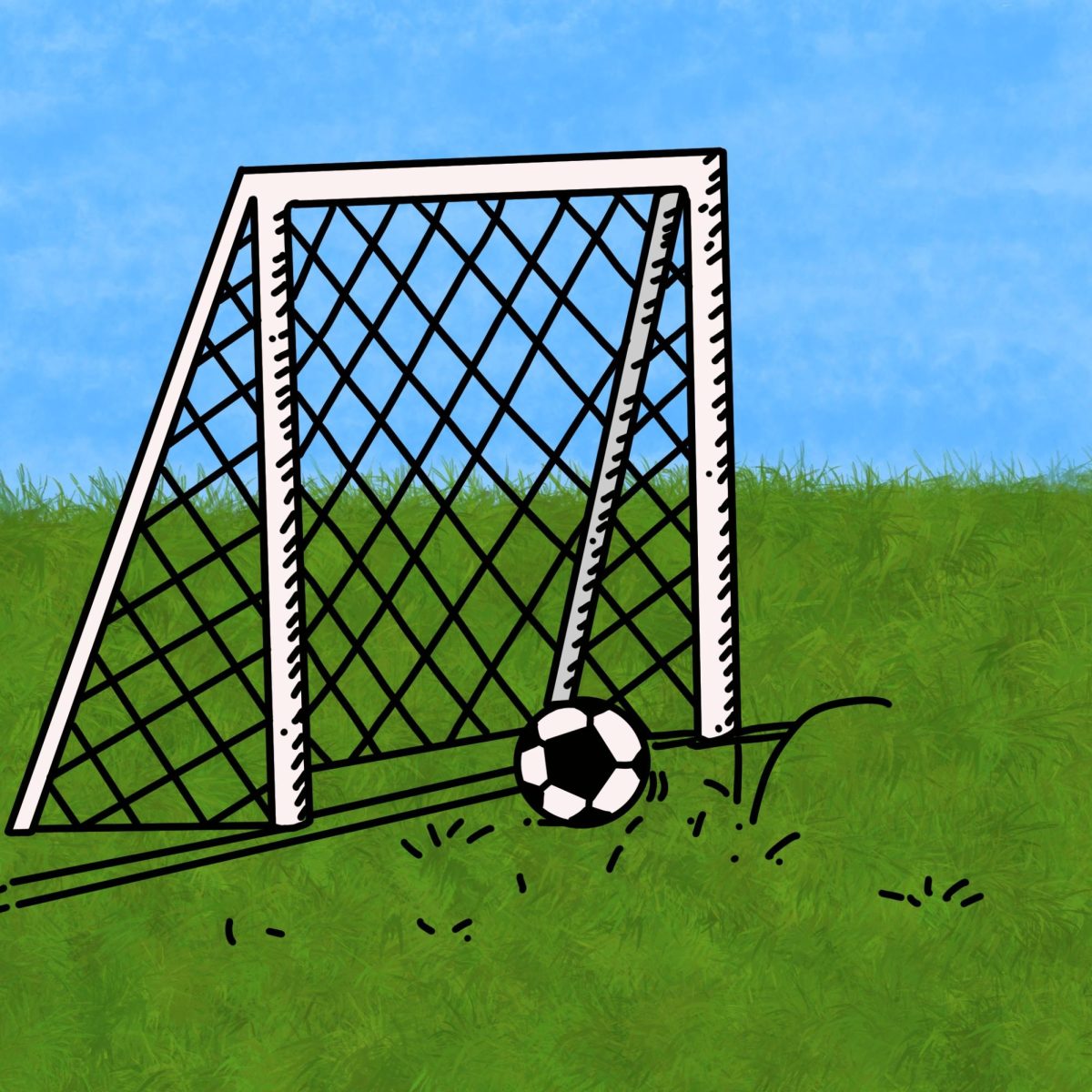 Graphic of a soccer ball on a traditional soccer field.