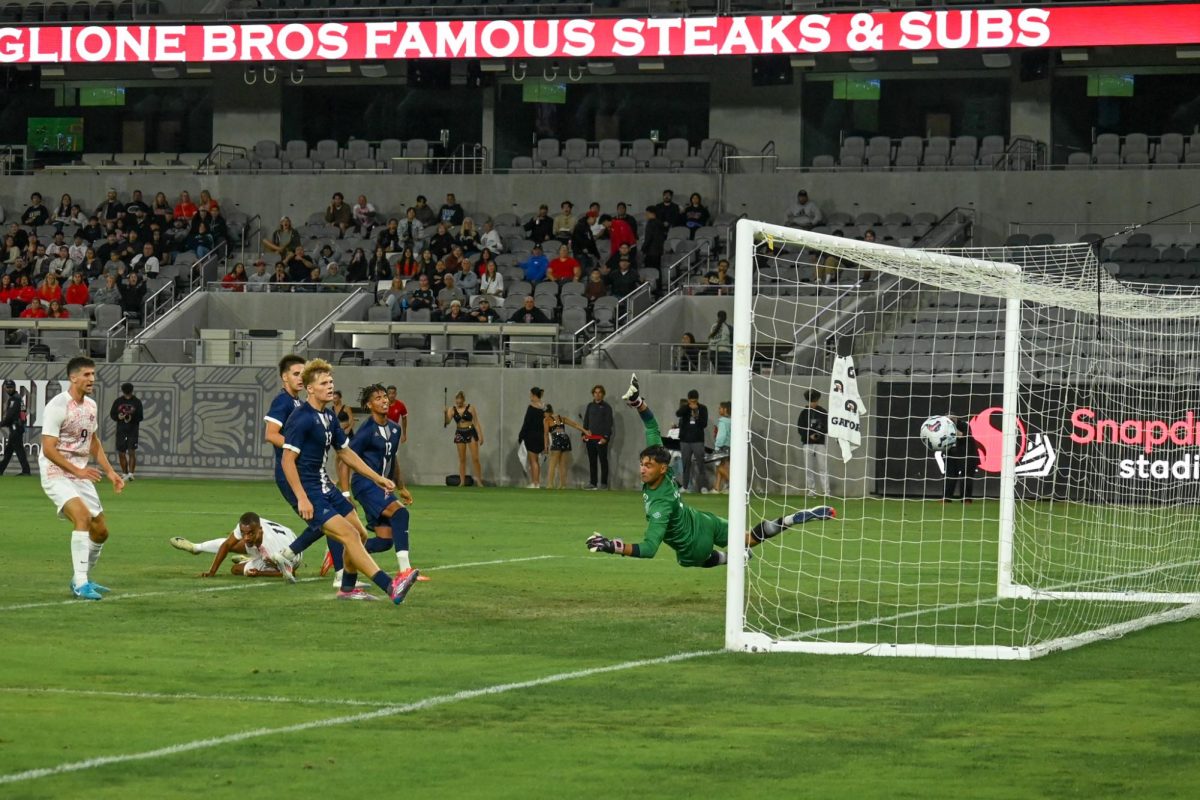 A shot by senior forward Terence Okoeguale gets past the goalkeeper to put the Aztecs ahead in their 3-3 draw against UC Davis at SnapDragon Stadium on Sept. 21, 2024.