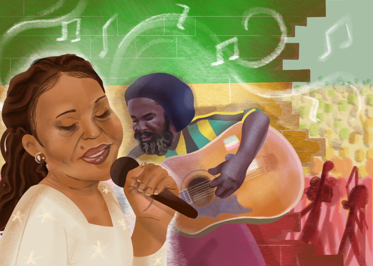 Graphic of reggae artists, Sister Nancy and Pablo Moses.