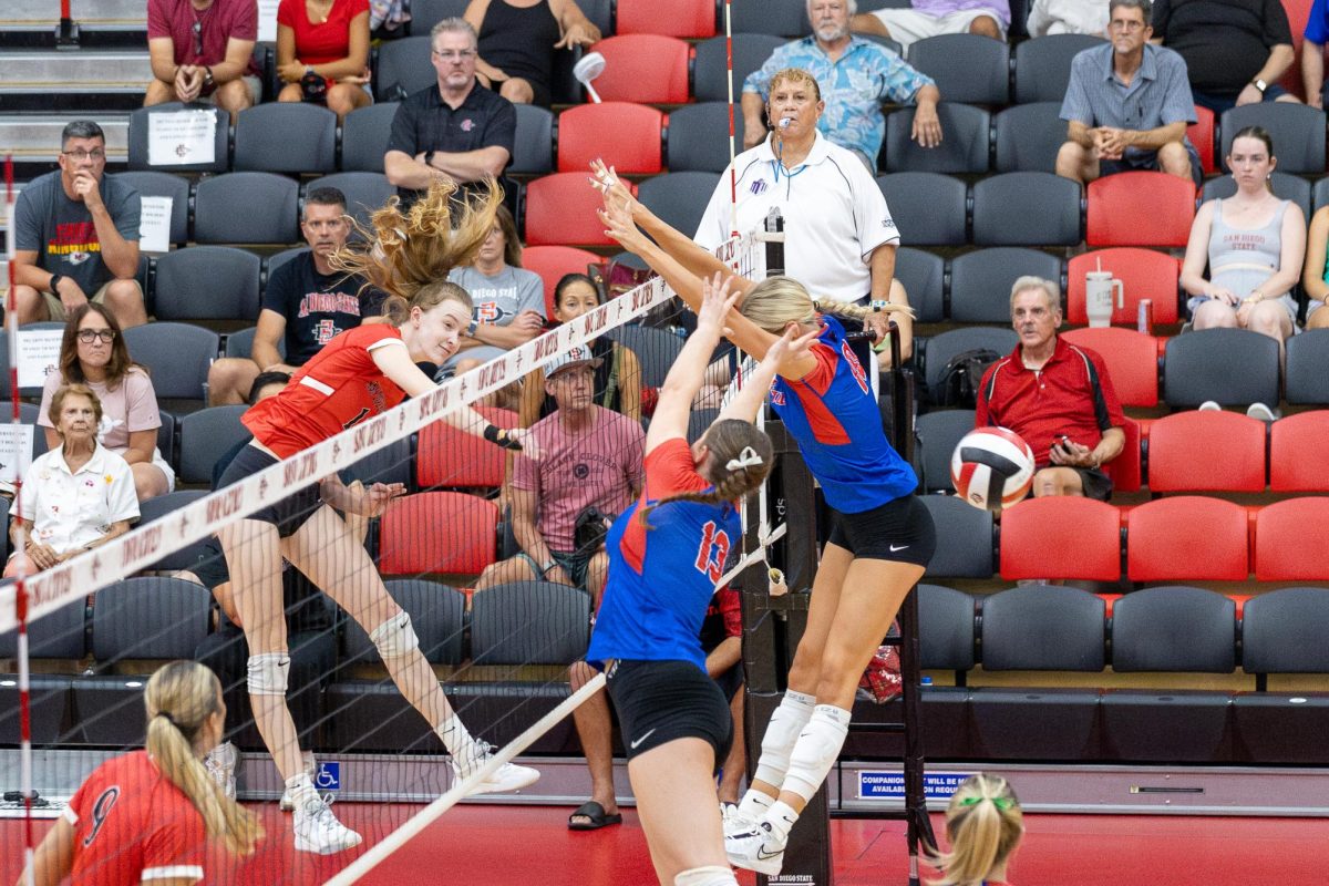 San Diego State outside hitter and opposite hitter Taylor Underwood spikes the ball through a pair of blockers against DePaul on Thursday, Sept. 5 at the Aztec Court inside Peterson's Gym. 