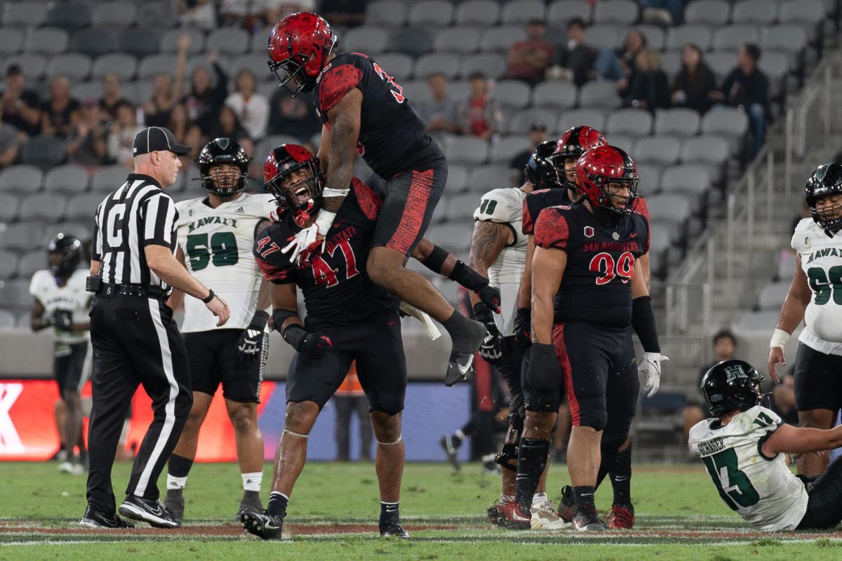 Aztec sophomore edge rusher Trey White celebrates his second sack against Hawaii quarterback Brayden Schager at Snapdragon Stadium on Saturday October 5, 2024