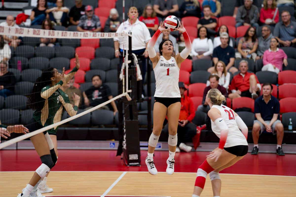 Setter Fatimah Hall sets her teammate  middle blocker Kat Cooper against Colorado State University at Aztec Court in Peterson Gym on October 17, 2024.
