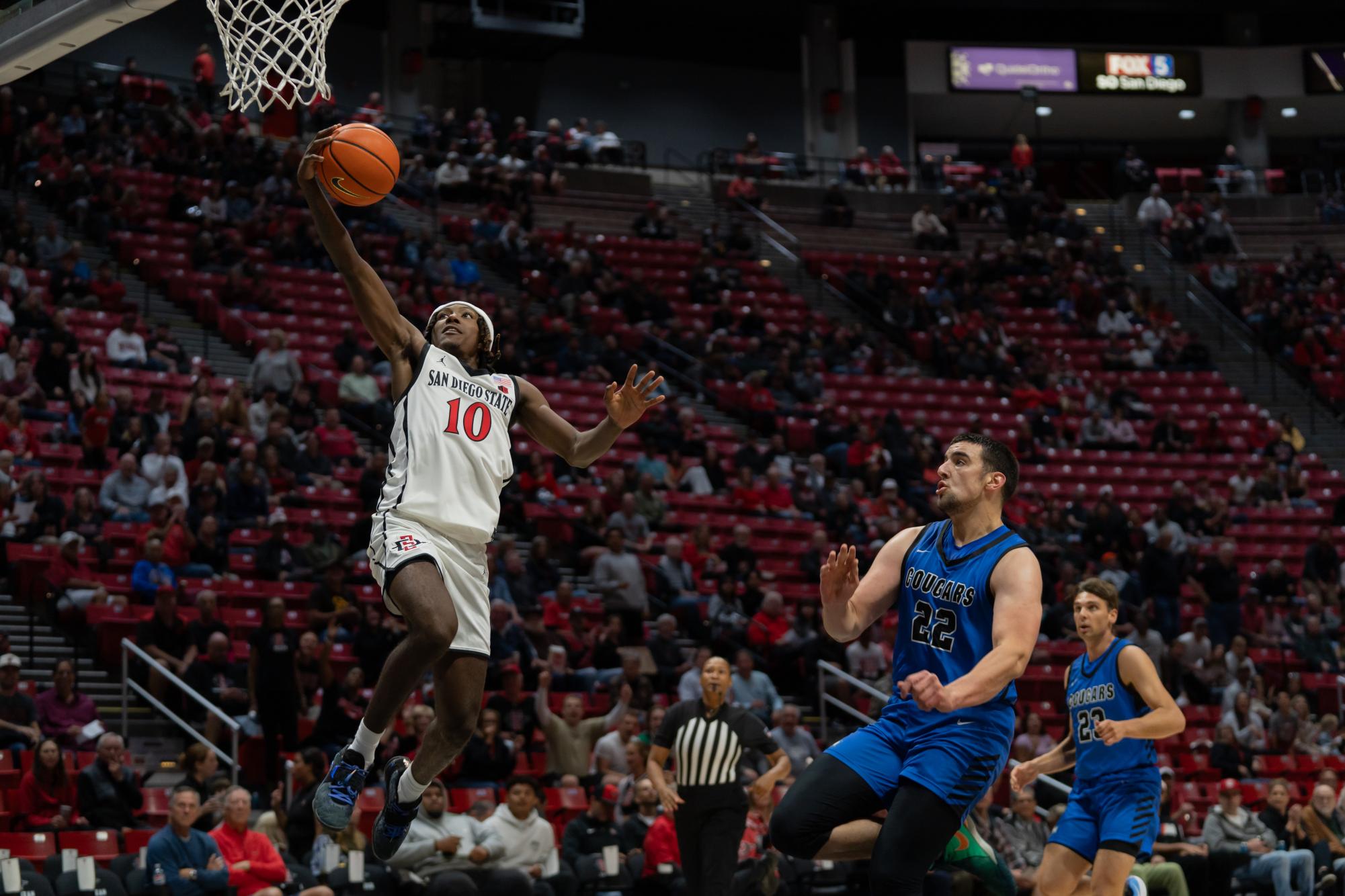 Sophomore guard BJ Davis makes the layup in a shutout win against Cal State San Marcos on Oct. 30, 2024 at Viejas Arena. 