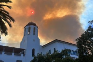 Image of smoke seen from the Montezuma Fire at the Conrad Prebys Aztec Student Union on Oct. 31. 