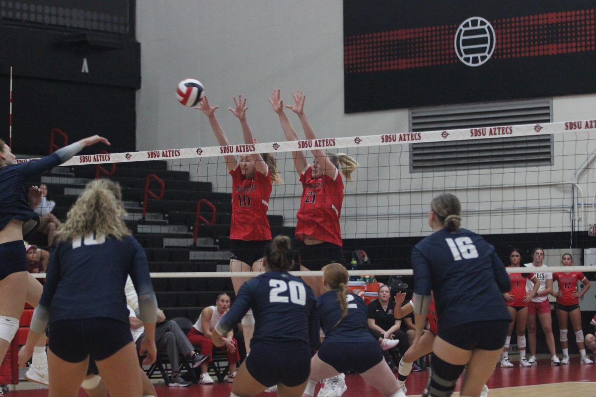 Taylor Underwood and Kat Cooper block Utah State's shot, on October 3rd at Aztec Court at Peterson Gym. 