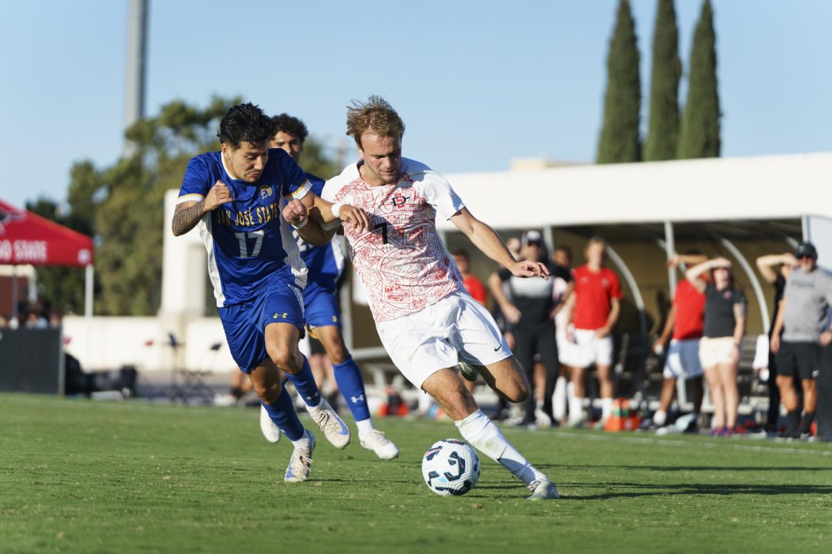 San Diego State forward Robbie Matei sprints toward the box, keeping the ball away from the reach of the San Jose State University defender at the SDSU Sports Deck on Oct. 20, 2024