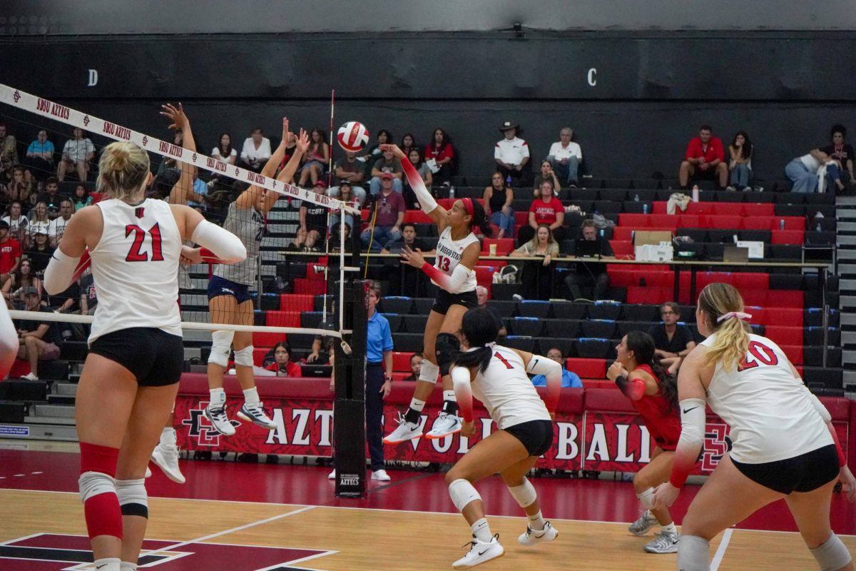 Outside hitter Jasmine Davis lays a hit on the ball to the opposing side against Nevada on Saturday, Oct. 5 at Aztec Court at Peterson Gym 