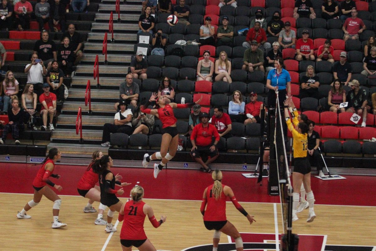 Outside hitter Jasmine Davis attacks the ball against Wyoming on Saturday, Oct. 19 at Aztec Court at Peterson Gym