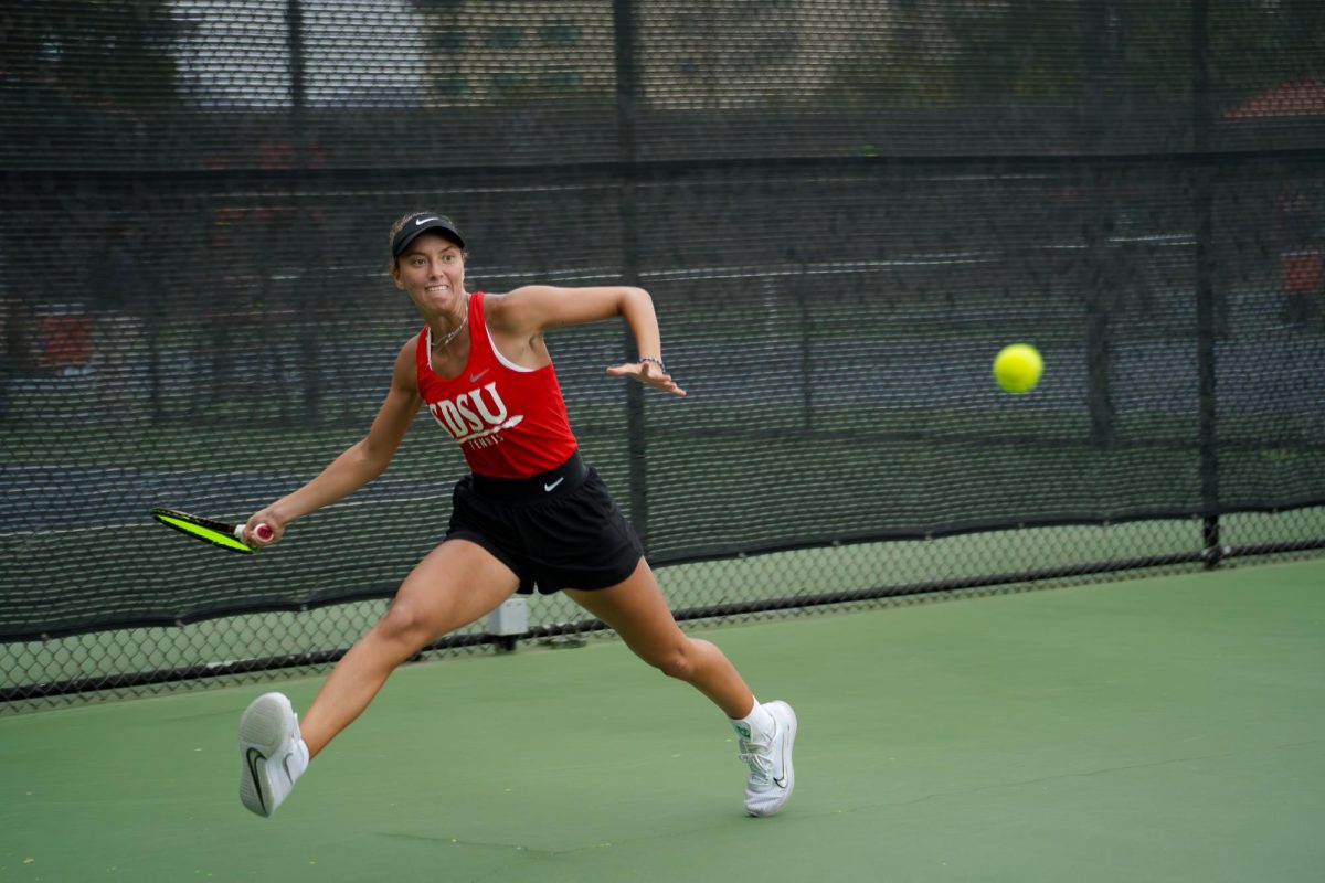 Sophomore Vesa Gjinaj successfully getting a tough ball during her match against  Emma Moratalla Sanz of Cal State Northridge during the  ITA regional on October 17, 2024. She took the game in six straight sets. 