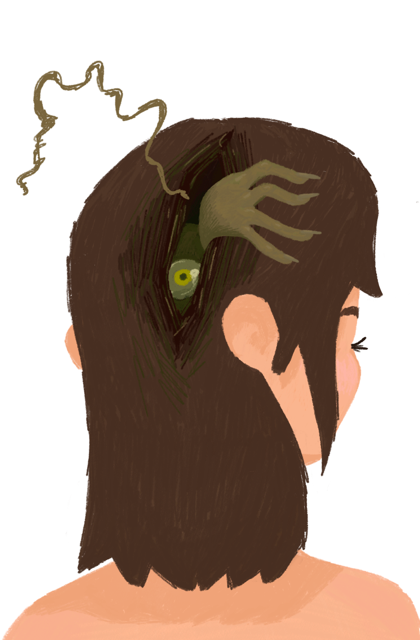 Creature crawling out of a woman's head. Graphic by Renee Roldan.